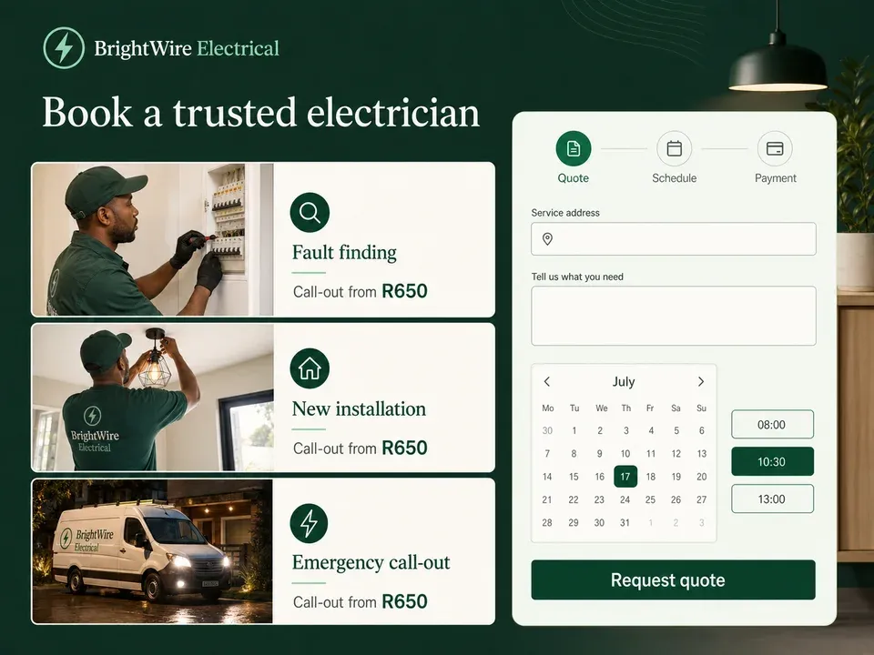 Electrician demo: Service enquiries, quotes, scheduling, and payment.