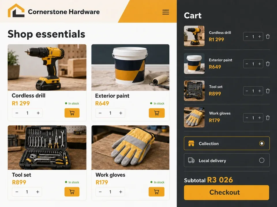 Hardware demo: Products, stock, cart, collection, and local delivery.