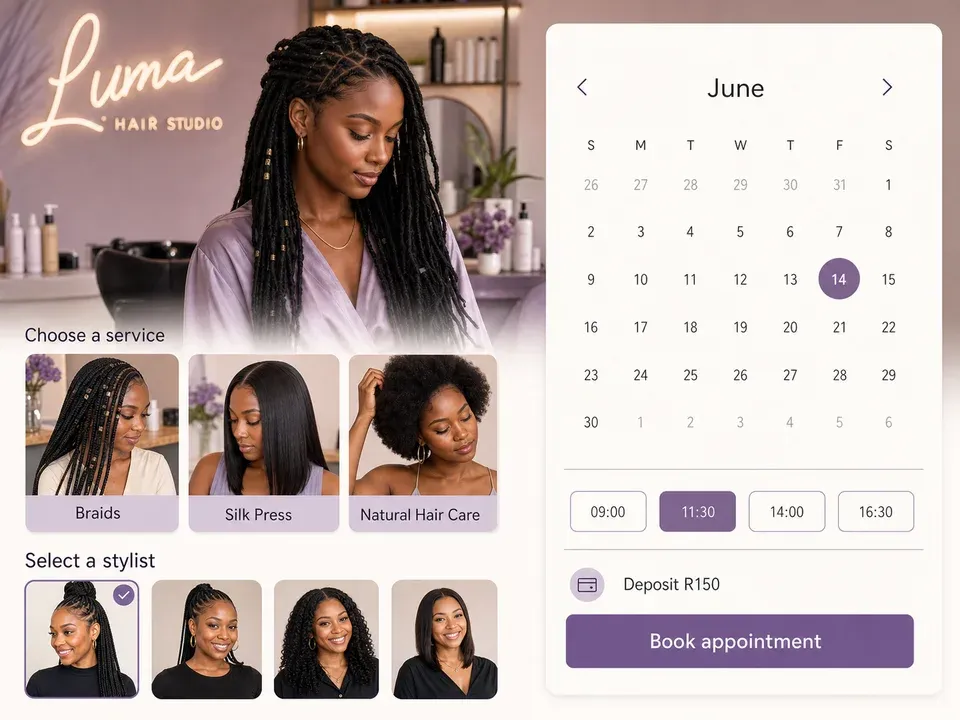 Salon demo: Availability, appointments, deposits, and reminders.