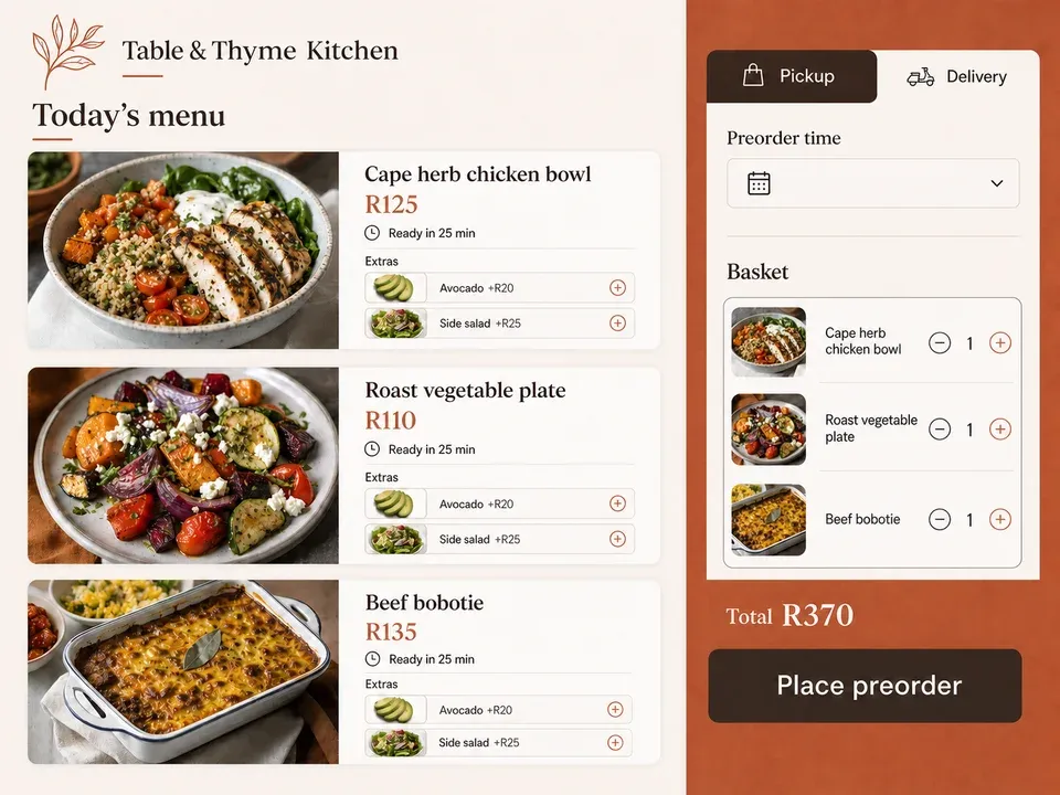 Food demo: Menus, extras, preparation times, and pre-orders.